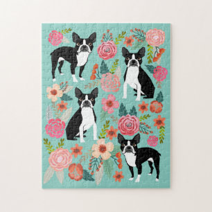 Boston Terrier Dogs Floral Jigsaw Puzzle