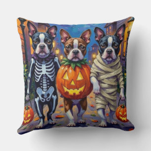Boston Terrier Dogs Trick-or-Treating in Halloween Throw Pillow