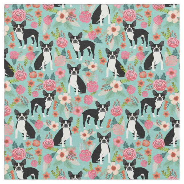Boston Terrier dogs vintage florals Fabric (Close Up)