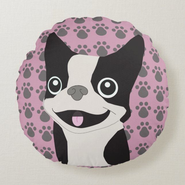 Boston Terrier, Dusty Pink Round Pillow (Front)