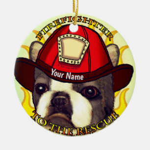 Boston Terrier Firefighter Ceramic Ornament
