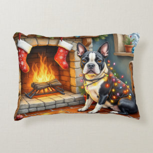 Boston Terrier Fireplace with Christmas Lights Accent Pillow