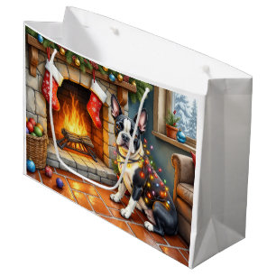 Boston Terrier Fireplace with Christmas Lights Large Gift Bag