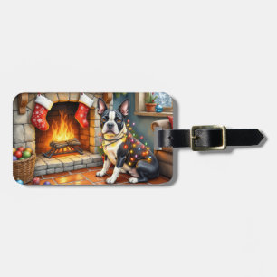 Boston Terrier Fireplace with Christmas Lights Luggage Tag