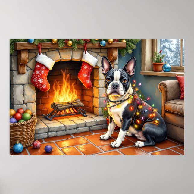 Boston Terrier Fireplace with Christmas Lights Poster (Front)