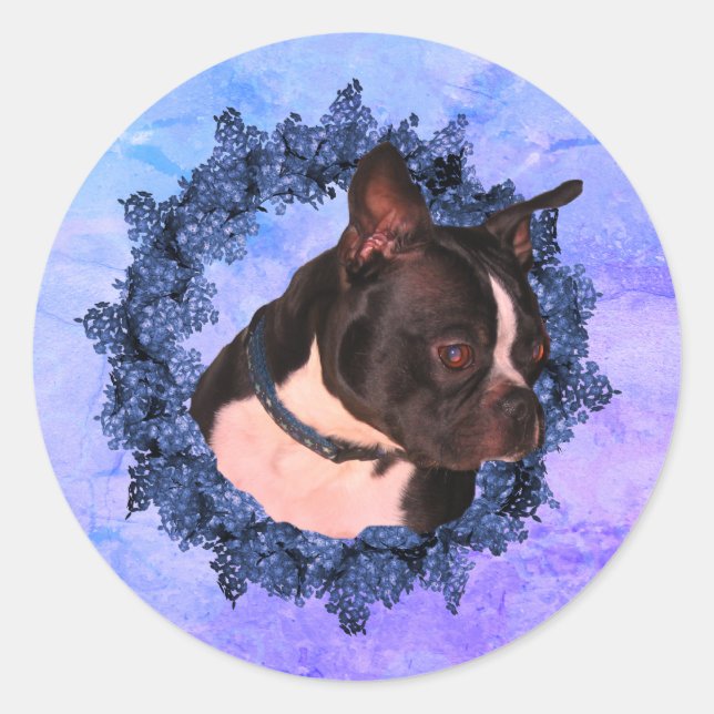 Boston Terrier Flower Wreath Dog  Classic Round Sticker (Front)