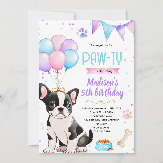 Boston Terrier girl theme invitation (Front)