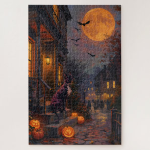 Boston Terrier Gothic Halloween Porch Artwork Jigsaw Puzzle