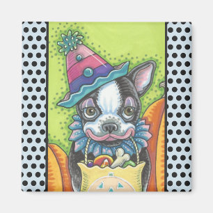 BOSTON TERRIER HALLOWEEN CLOWN, Carré CHIEN MAGNET