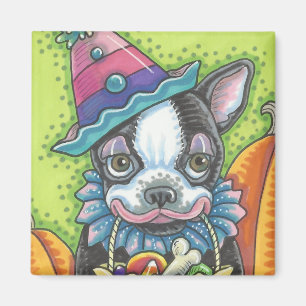 BOSTON TERRIER HALLOWEEN CLOWN, Carré CHIEN MAGNET
