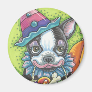 BOSTON TERRIER HALLOWEEN CLOWN, CHIEN MAGNET Round