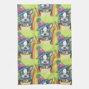 BOSTON TERRIER HALLOWEEN CLOWN, DOG KITCHEN TOWEL