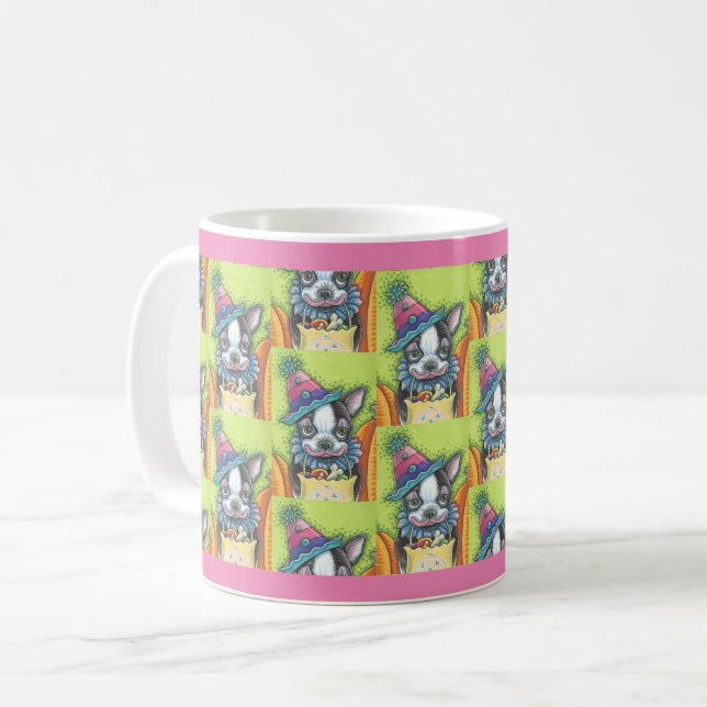 BOSTON TERRIER HALLOWEEN CLOWN, DOG MUG Pink (Front Left)