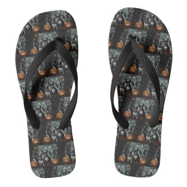 Boston Terrier Halloween Night Doggy Delight Flip Flops (Footbed)