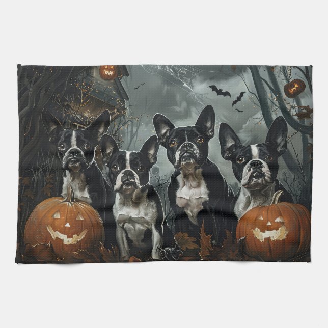 Boston Terrier Halloween Night Doggy Delight Kitchen Towel (Horizontal)