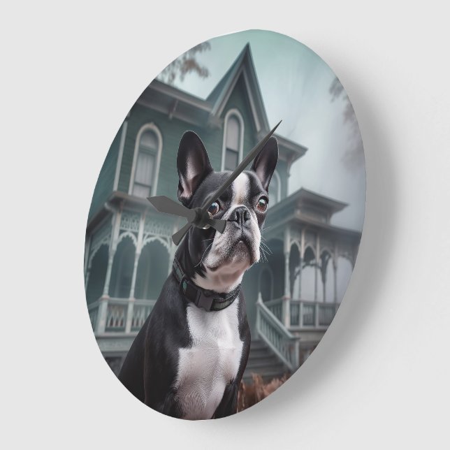 Boston Terrier Halloween Scary Large Clock (Angle)
