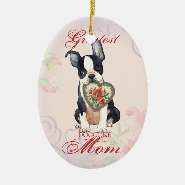 Boston Terrier Heart Mom Ceramic Ornament (Front)