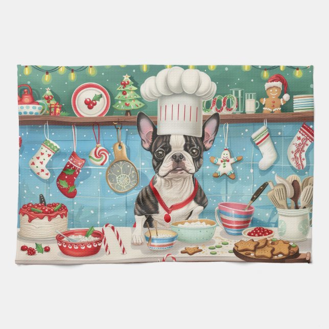 Boston Terrier Holiday Baking: Festive Christmas Kitchen Towel (Horizontal)