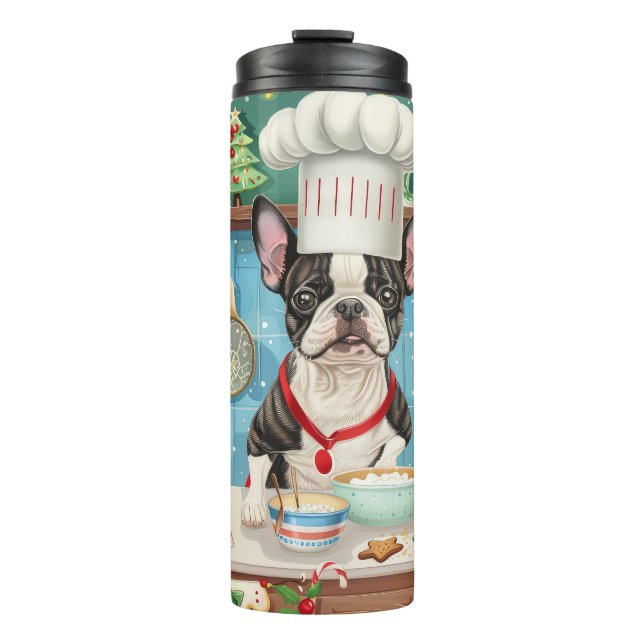 Boston Terrier Holiday Baking: Festive Christmas Thermal Tumbler (Front)