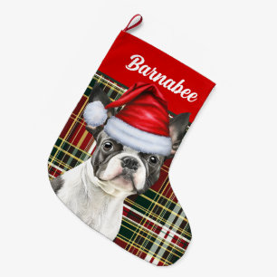 Boston Terrier Holiday Plaid and Dogs Name Large Christmas Stocking