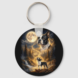 Boston terrier howling at the moon retro  keychain