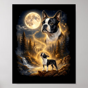 Boston terrier howling at the moon retro  poster