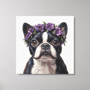 Boston Terrier in a Purple Flower Crown Canvas Print