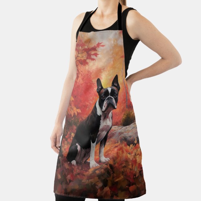 Boston Terrier in Autumn Leaves Fall Inspire  Apron (Insitu)