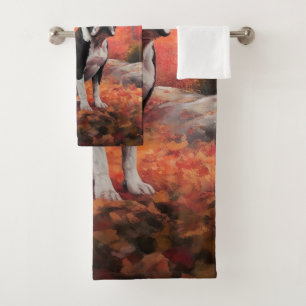 Boston Terrier in Autumn Leaves Fall Inspire Bath Towel Set