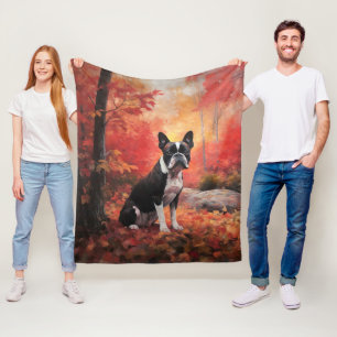 Boston Terrier in Autumn Leaves Fall Inspire  Fleece Blanket