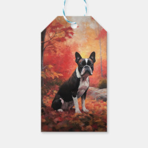 Boston Terrier in Autumn Leaves Fall Inspire  Gift Tags