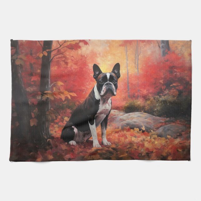 Boston Terrier in Autumn Leaves Fall Inspire  Kitchen Towel (Horizontal)