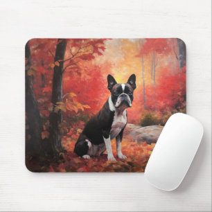 Boston Terrier in Autumn Leaves Fall Inspire  Mouse Pad