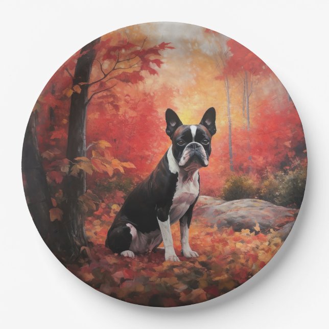 Boston Terrier in Autumn Leaves Fall Inspire  Paper Plate (Front)