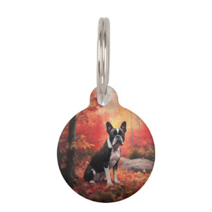 Boston Terrier in Autumn Leaves Fall Inspire Pet Tag