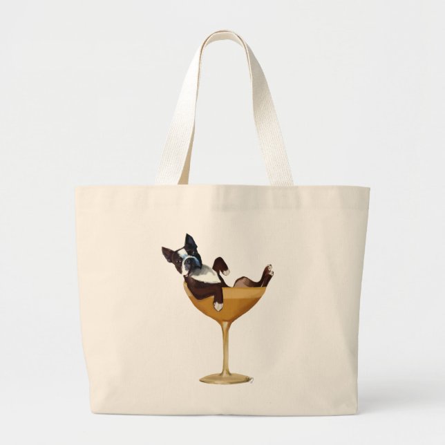 Boston Terrier in Cocktail Glass Large Tote Bag (Front)