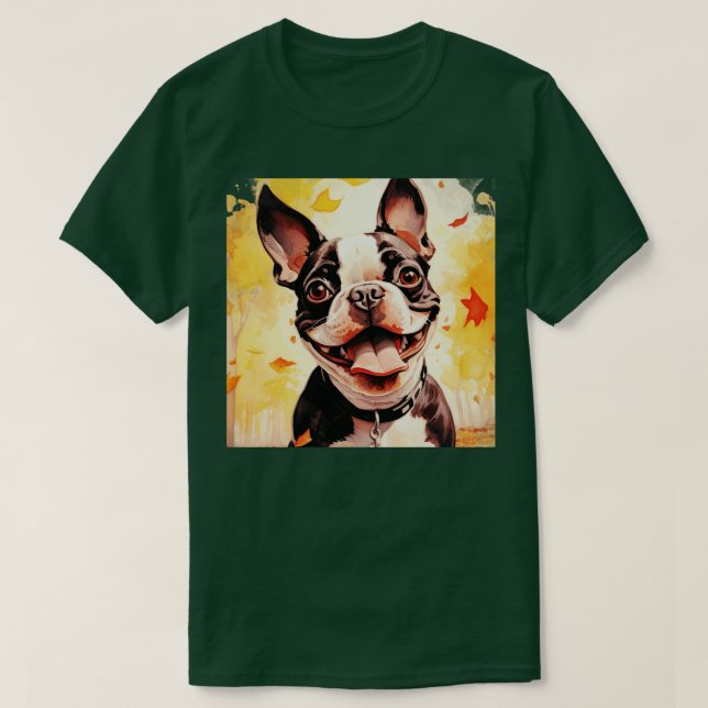 Boston Terrier In Fall T-Shirt (Design Front)