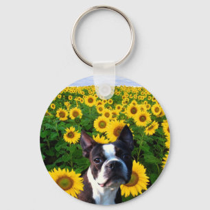 Boston Terrier in Sunflowers keychain