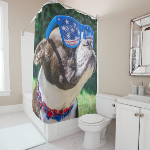 Boston Terrier in Sunnies Patriotic Shower Curtain