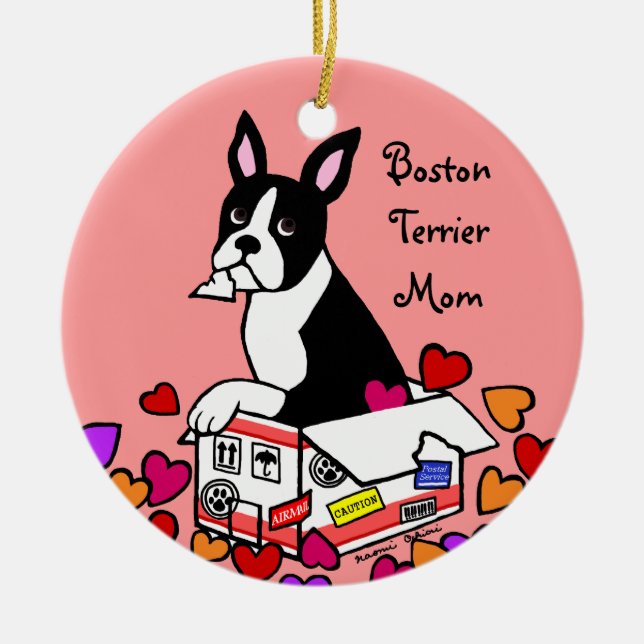 Boston Terrier in the Box Cartoon Ceramic Ornament (Front)