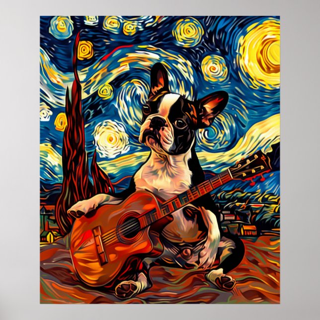 Boston Terrier Jouer Poster de guitare - mignon ch (Devant)