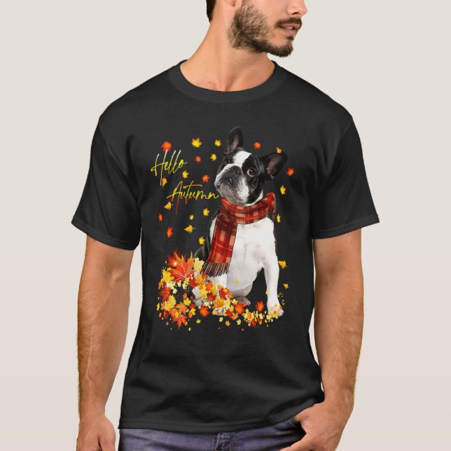 Boston Terrier Leaf Fall Hello Autumn For Dog T-Shirt (Front)