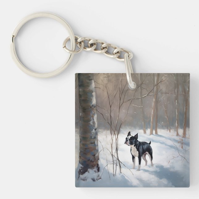 Boston Terrier Let It Snow Christmas Keychain (Front)