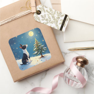 Boston Terrier Midnight Star-Gazing Christmas Square Sticker