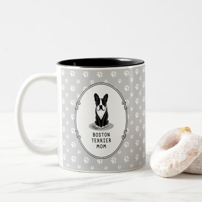 Boston Terrier Mom (black) - Cute dog Two-Tone Coffee Mug (With Donut)