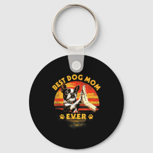 Boston terrier mom retro sunset funny dog mother's keychain