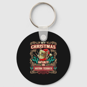 Boston Terrier My Christmas Spirit Dog Santa Claus Keychain