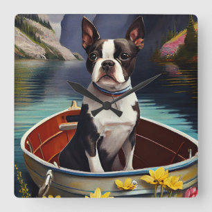 Boston Terrier on a Paddle: A Scenic Adventure Square Wall Clock