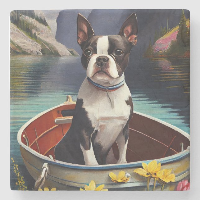 Boston Terrier on a Paddle: A Scenic Adventure Stone Coaster (Front)