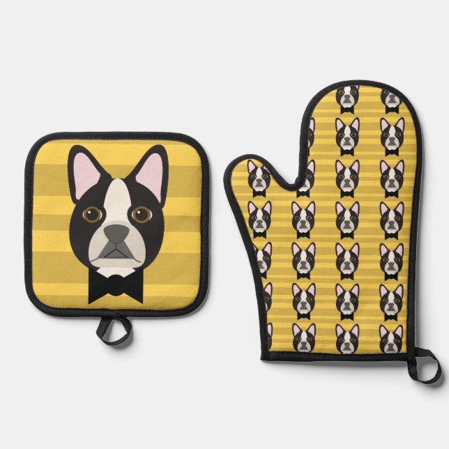 Boston Terrier Oven Mitt & Pot Holder Set (Front)
